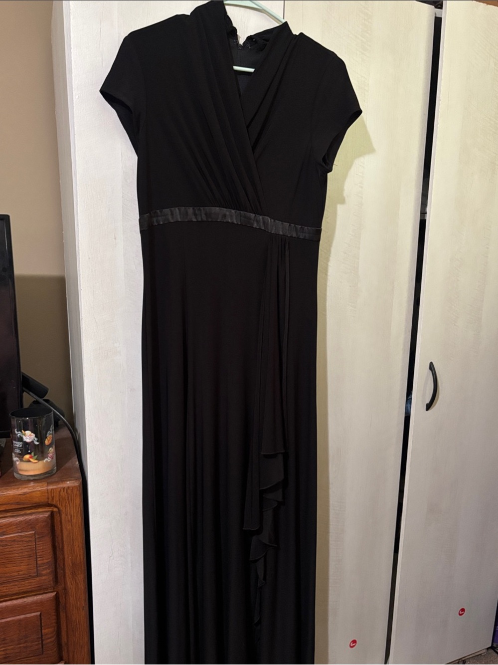 Women's Black Faux-Wrap Maxi Dress with Satin Waist Trim